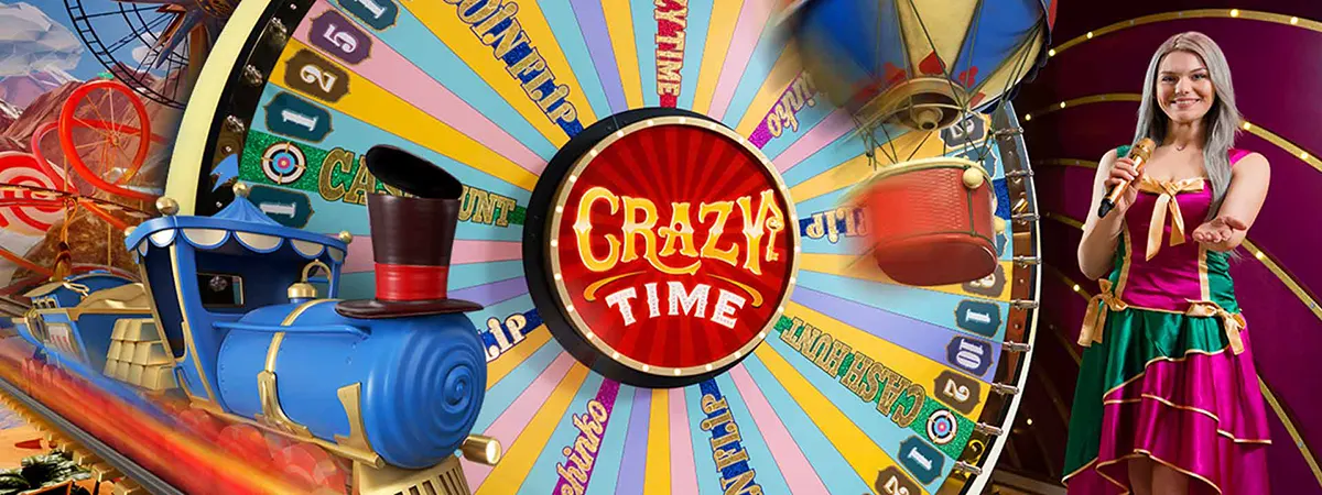Promotional “Crazy Time” image showing a colourful prize wheel with the Crazy Time logo in the centre, carnival-themed bonus elements like a blue mini train and a swinging red gondola, and a female host in a bright costume holding a microphone on the right.